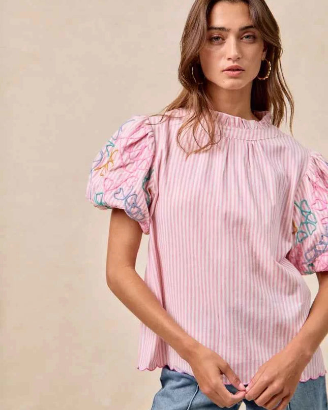 BiBi Embroidery Bubble Sleeve Top With Bottom Scallop Detail