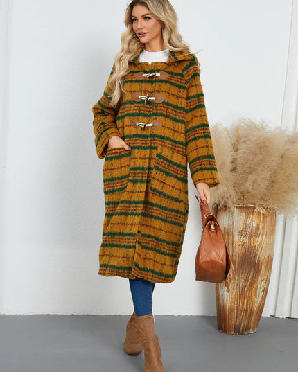 Plaid Long Sleeve Hooded Coat with Pockets