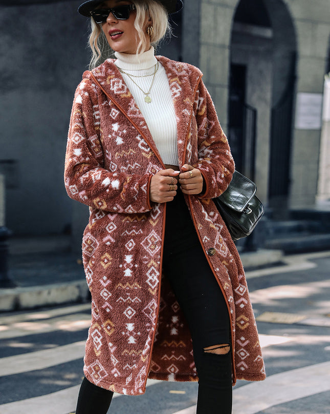 Geometric Button Down Hooded Fleece Coat