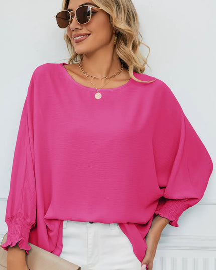 Smocked Lantern Sleeve Round Neck Blouse
