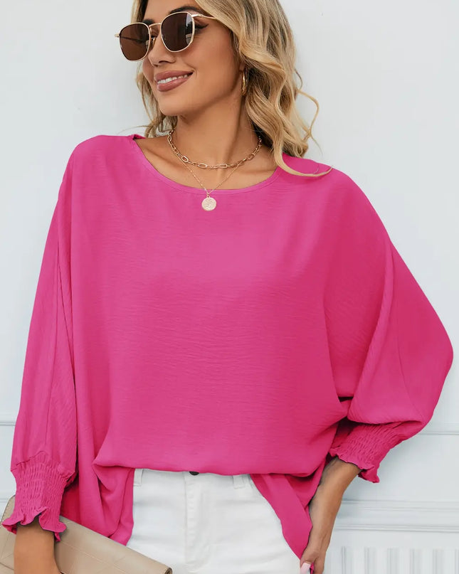 Smocked Lantern Sleeve Round Neck Blouse