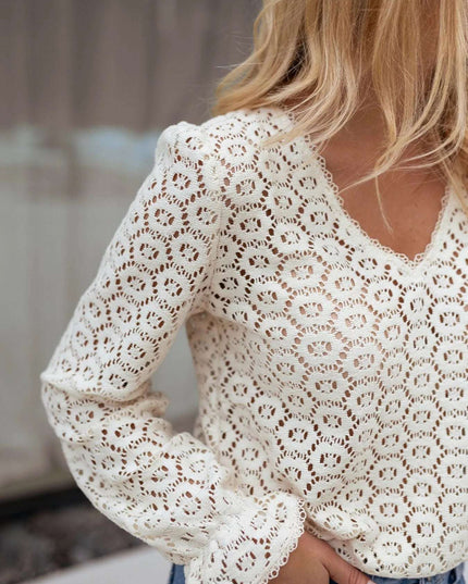 Crochet Lace V-Neck Long Sleeve Blouse