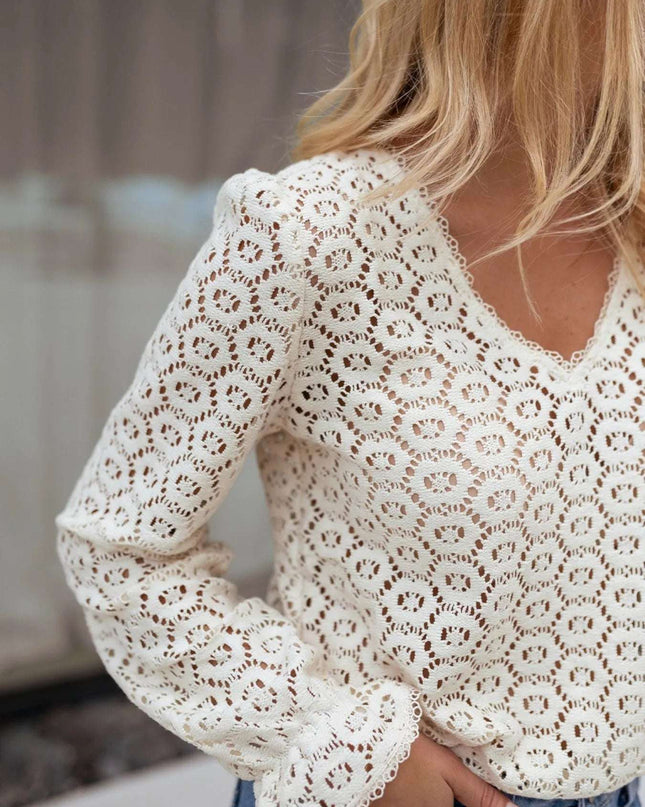 Crochet Lace V-Neck Long Sleeve Blouse