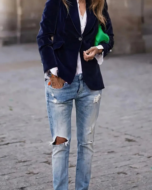 One Button Lapel Collar Long Sleeve Blazer