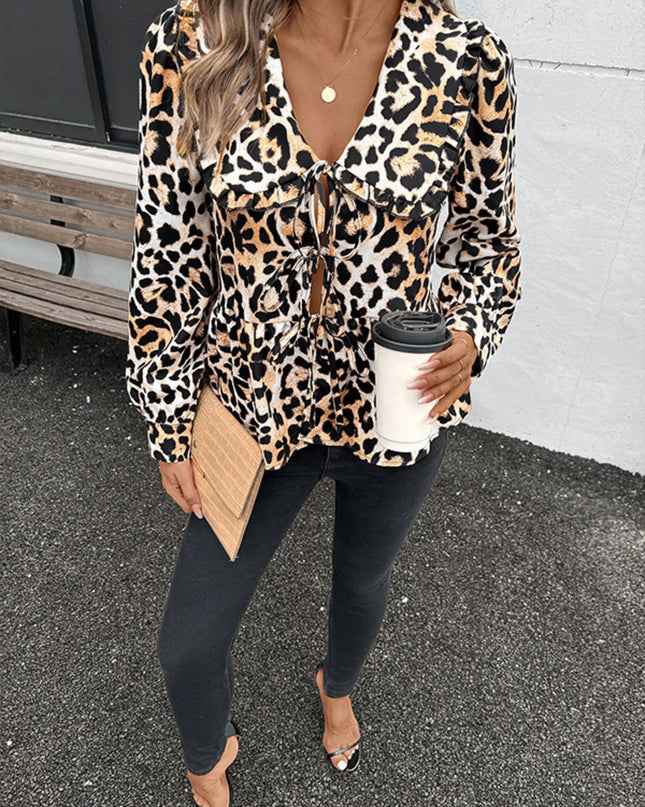 Leopard Print Tie Front Blouse 
