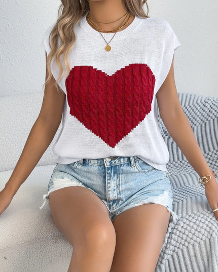 Cable Knit Heart Round Neck Cap Sleeve Knit Top