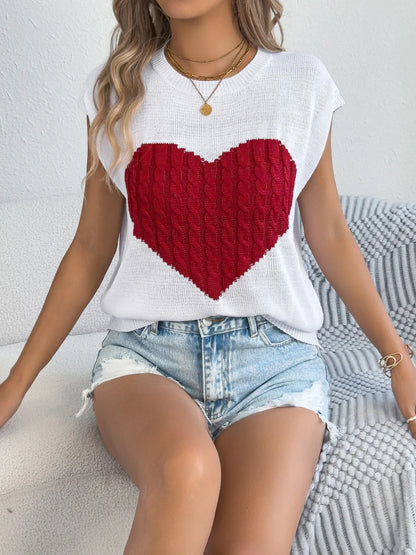 Cable Knit Heart Round Neck Cap Sleeve Knit Top