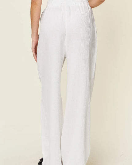 Double Take Full Size Texture Drawstring Wide Leg Pants