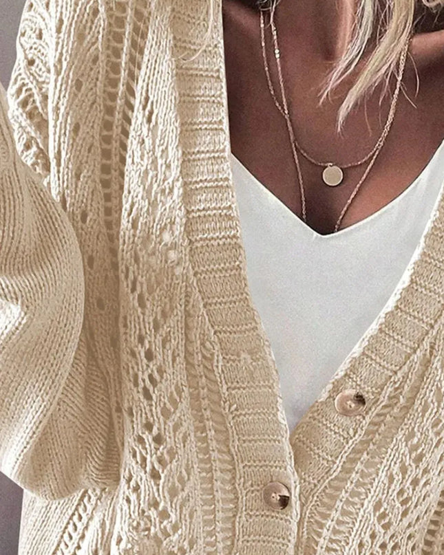 Openwork Button Up Long Sleeve Cardigan