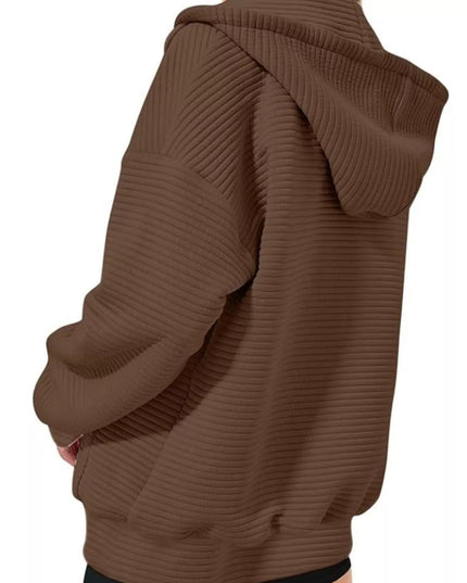 Drawstring Zip Up Dropped Shoulder Hoodie