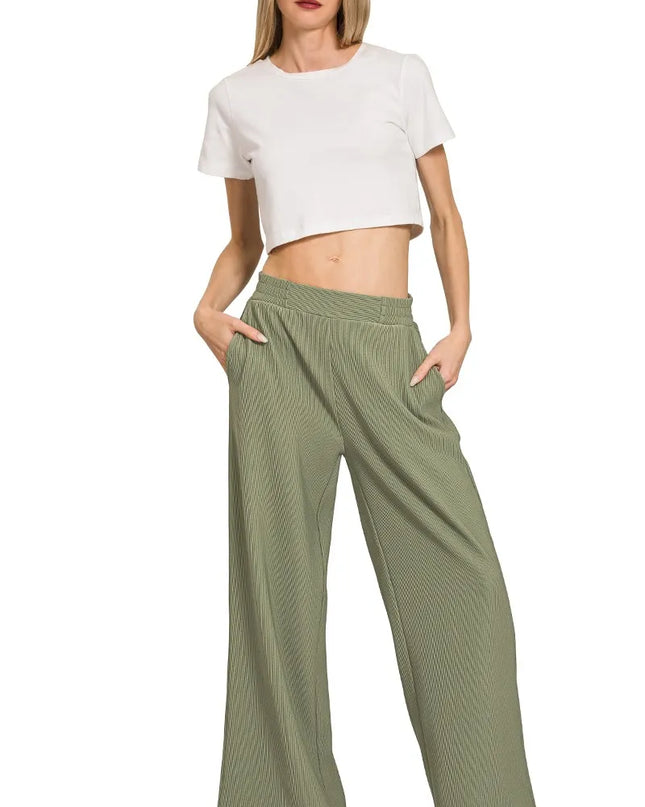 Zenana Ribbed High Neck Half Zip Pullover & Pants Set