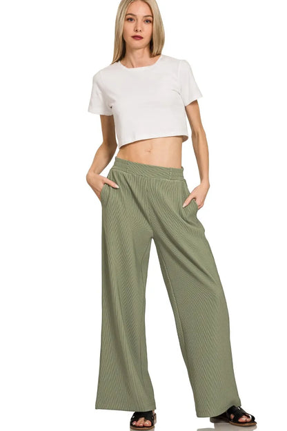 Zenana Ribbed High Neck Half Zip Pullover & Pants Set