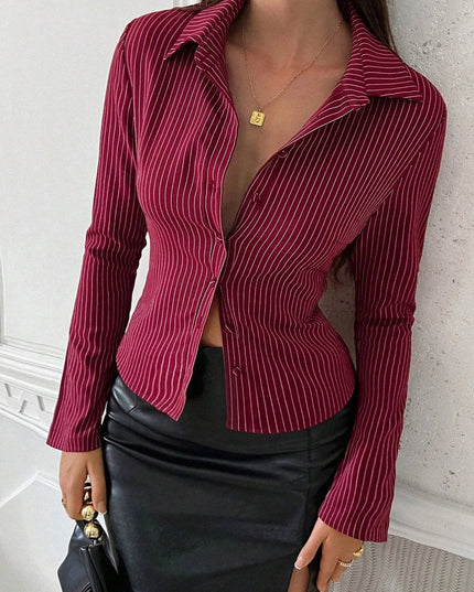 Striped Button Up Long Sleeve Shirt Wine Red