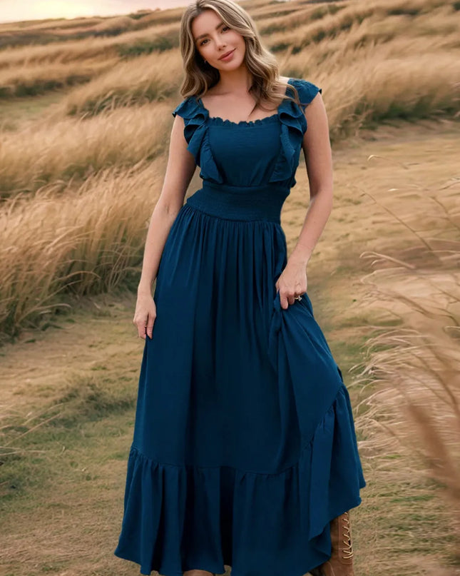 Ruffled Smocked Square Neck Maxi Dress
