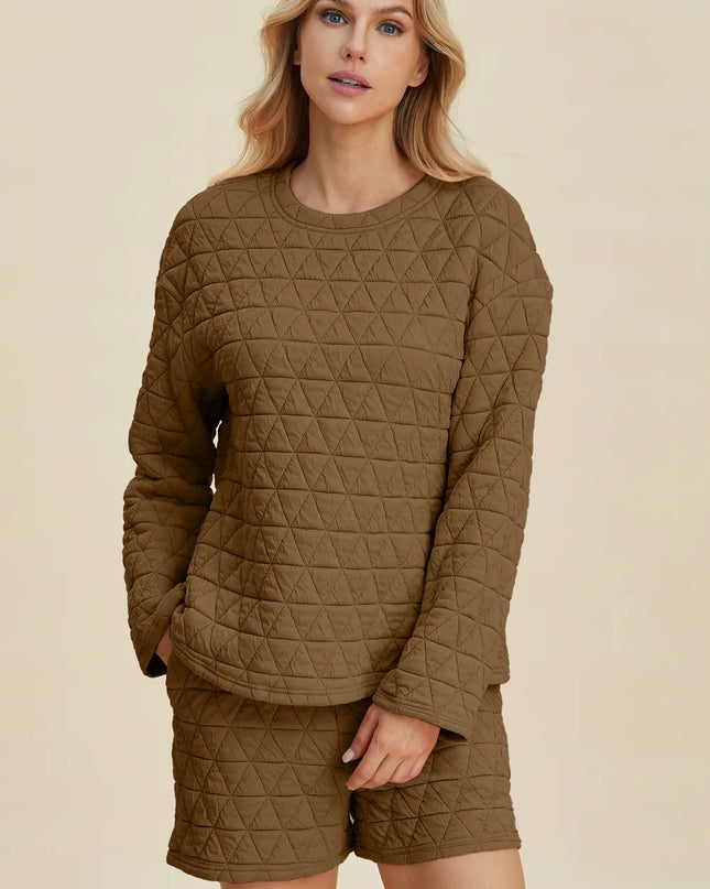 Double Take Full Size Texture Round Neck Long Sleeve Top and Shorts Set