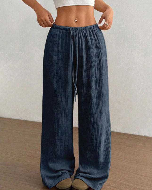 Wide Leg Drawstring Casual Pants Navy Blue