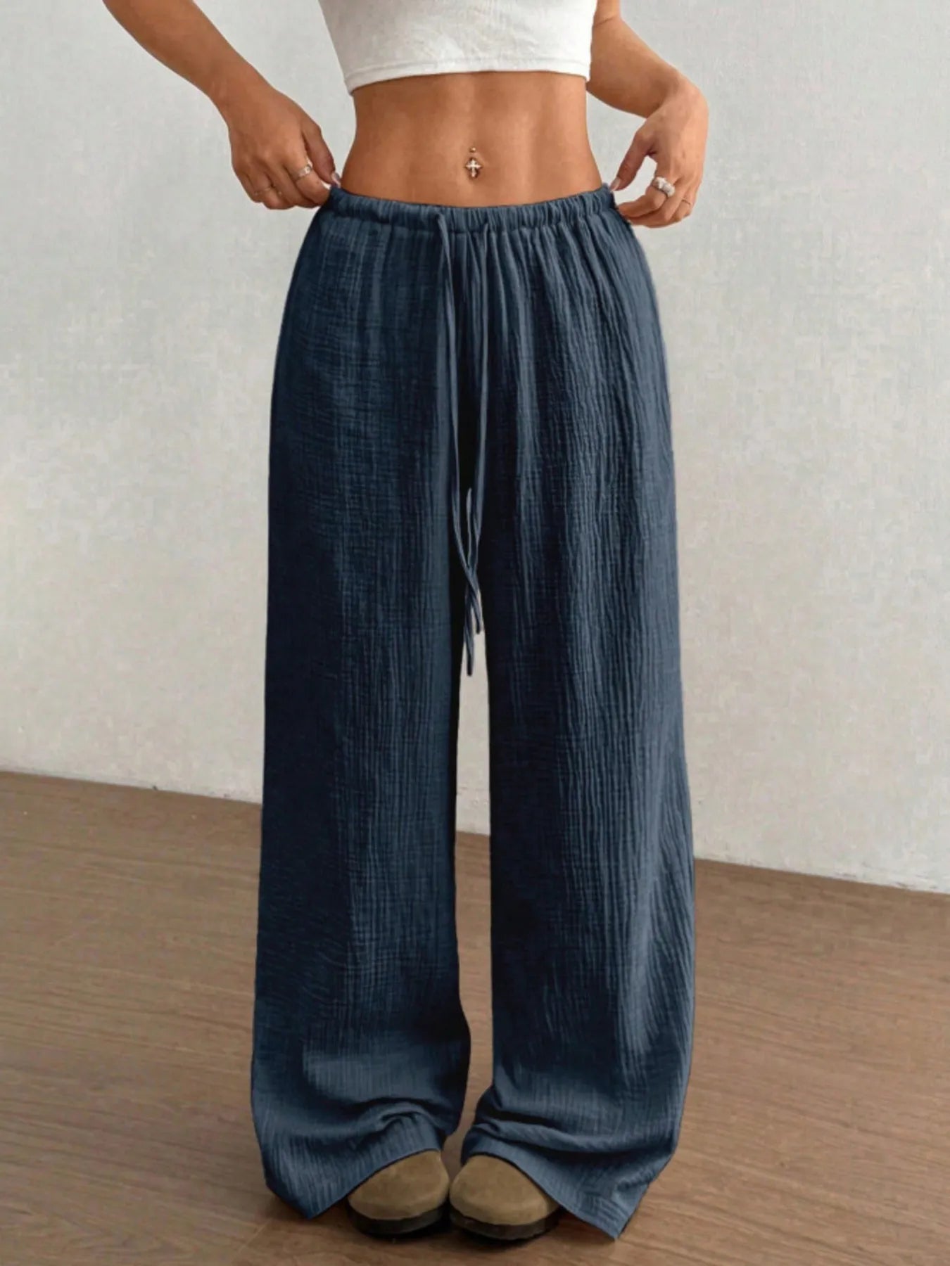 Wide Leg Drawstring Casual Pants Navy Blue