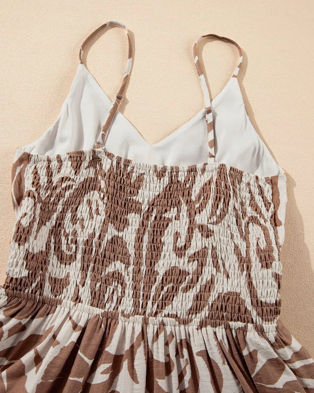 Floral Shirred High Waist Spaghetti Straps Dress