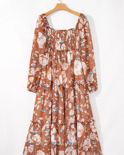 Smocked Printed Long Sleeve Tiered Dress