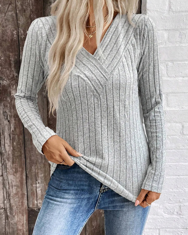 Ribbed V-Neck Long Sleeve Knit T-Shirt