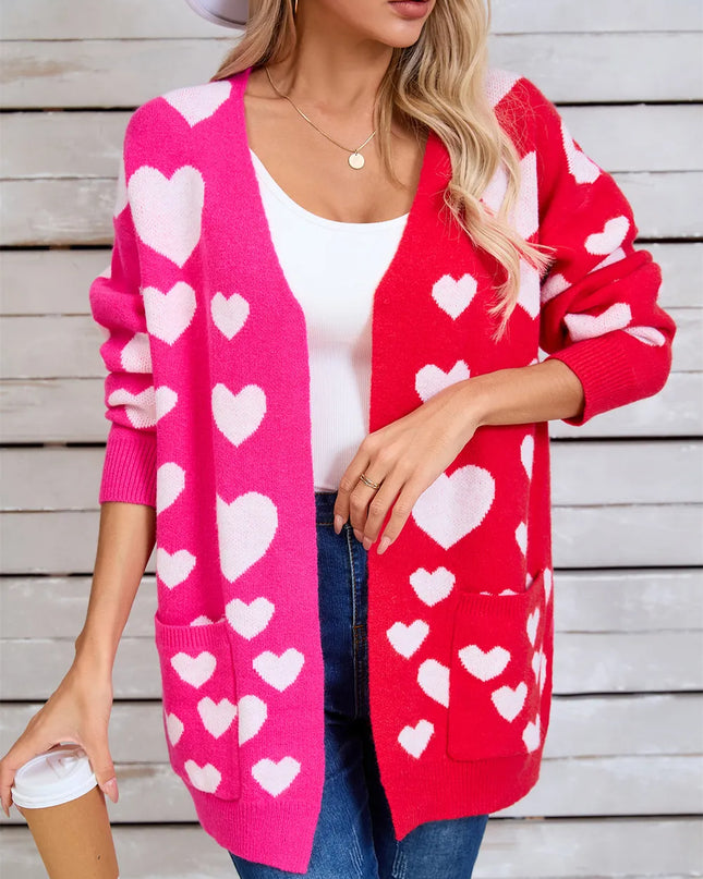 Angel Wings Heart Open Front Long Sleeve Cardigan Hot Pink