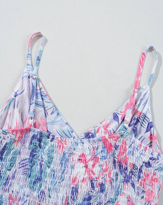 Floral Spaghetti Strap Surplice Neck Shirred Waist Mini Dress