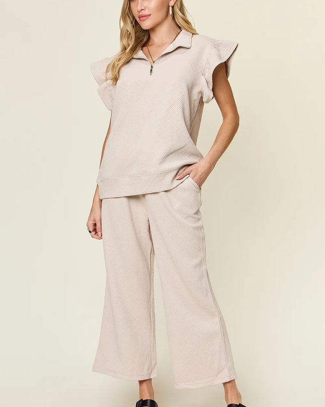 Double Take Texture Ruffle Short Sleeve Top and Drawstring Wide Leg Pants Set Dust Storm