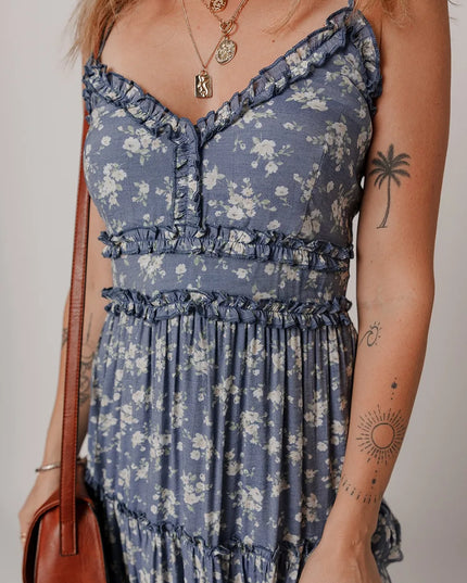 Floral Spaghetti Strap Frilled V Neck Tiered Midi Dress