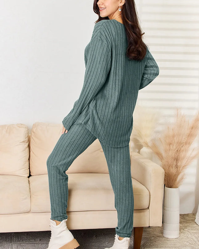 Basic Bae Full Size Notched Long Sleeve Top and Pants Set