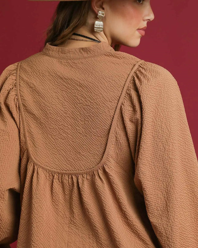 Umgee Textured Notched Blouse with Balloon Sleeves