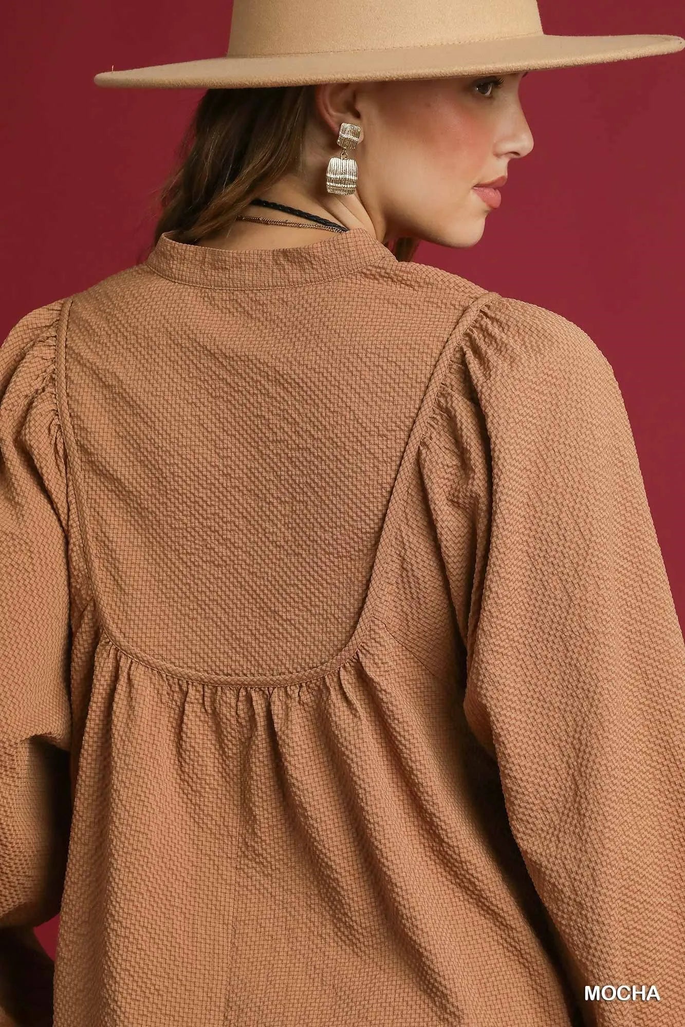 Umgee Textured Notched Blouse with Balloon Sleeves