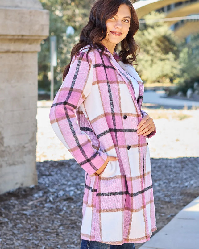 Double Take Full Size Plaid Button Up Lapel Collar Coat