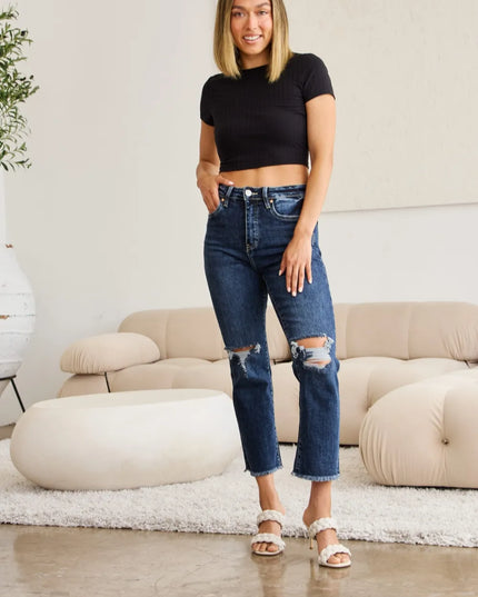 RFM Crop Dylan Full Size Tummy Control Distressed High Waist Raw Hem Jeans