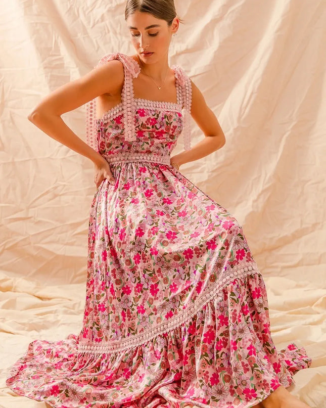 SO ME Floral Maxi Dress With Ribbon Tie Lace Strap