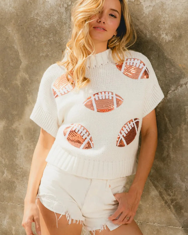 BiBi Gameday Sequin Football Patches Rib Banded Sweater IVORY