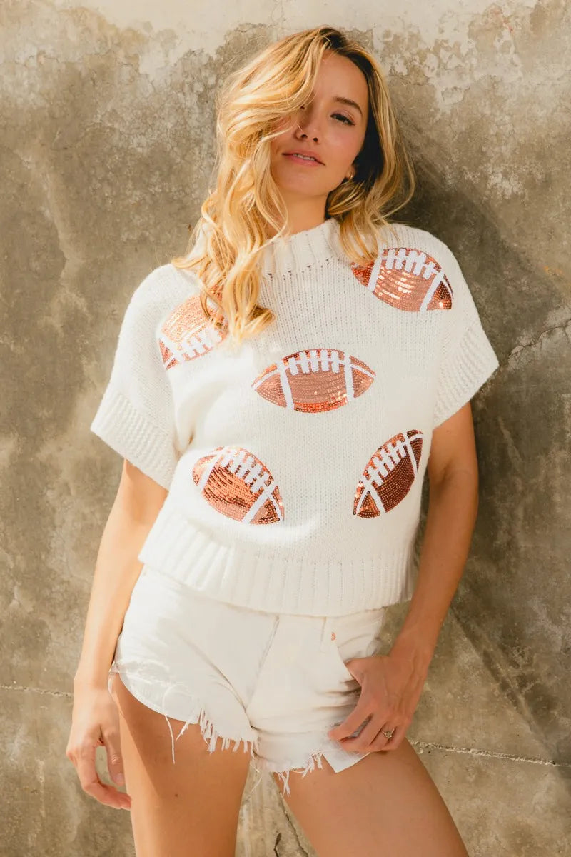 BiBi Gameday Sequin Football Patches Rib Banded Sweater IVORY