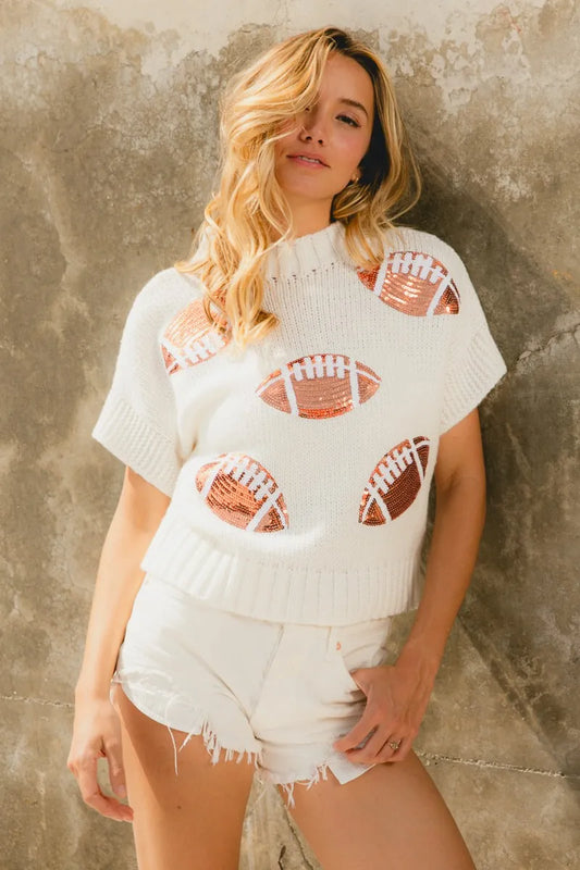 BiBi Gameday Sequin Football Patches Rib Banded Sweater IVORY