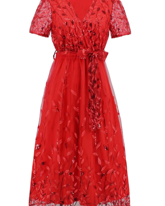 Sequin Leaf Embroidery Tie Front Short Sleeve Dress