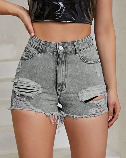 Distressed Raw Hem High Rise Denim Shorts