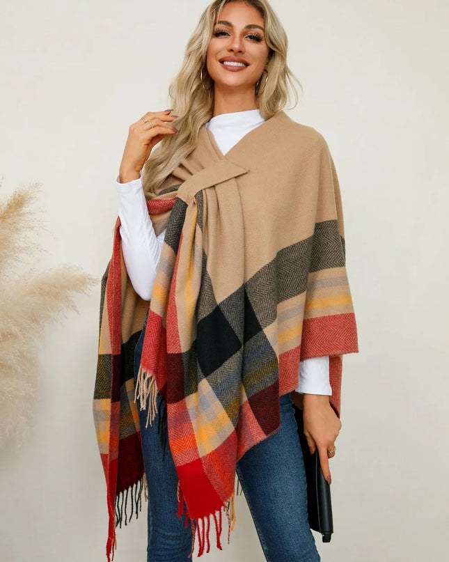 Fringe Contrast Plaid Poncho Sherbet One Size