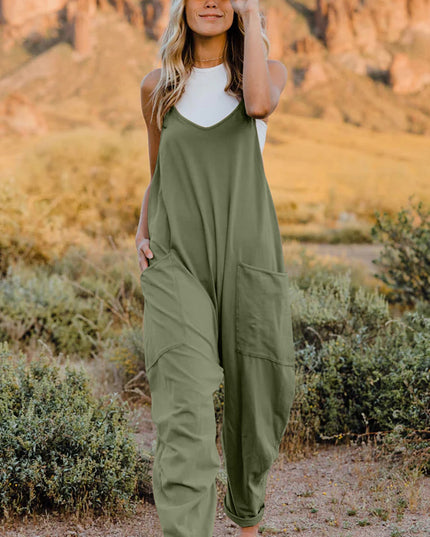 Double Take Full Size V-Neck Sleeveless Jumpsuit with Pockets Army Green