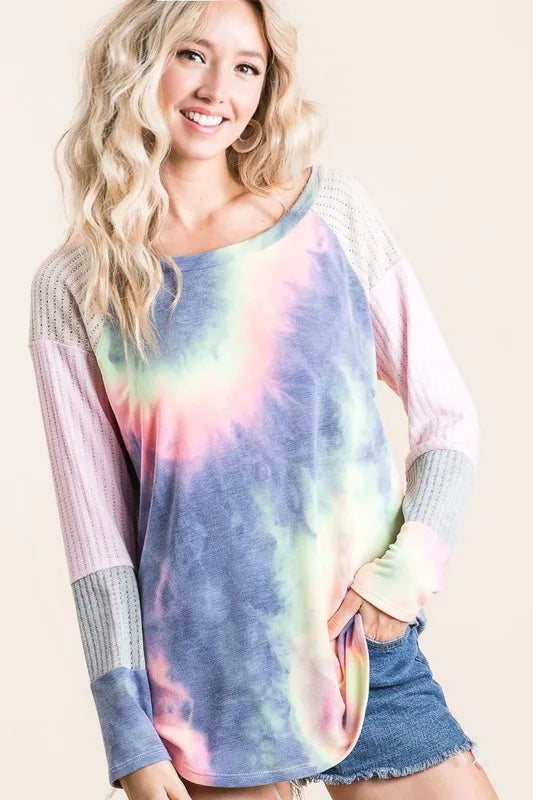 BiBi Tie Dye Terry Top With Color Block Pointelle Knit