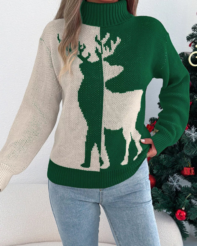 Christmas Reindeer Turtleneck Sweater Green