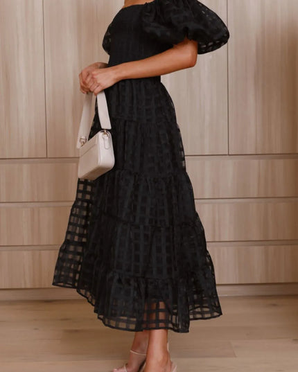 Off Shoulder Short Puff Sleeve Midi Dress