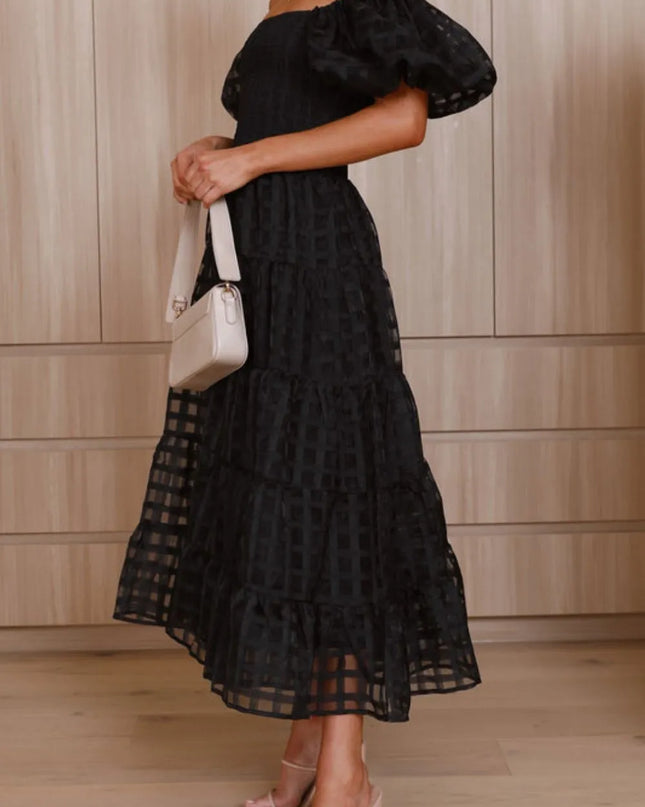 Off Shoulder Short Puff Sleeve Midi Dress