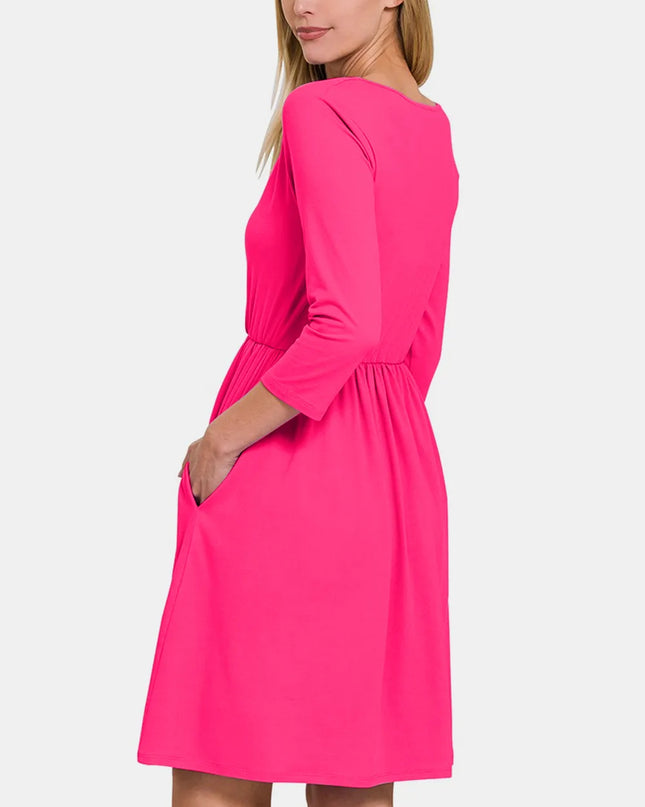 Zenana Three-Quarter Sleeve Surplice Dress with Pockets