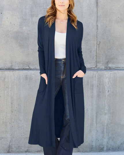 Basic Bae Full Size Open Front Long Sleeve Cover Up Dark Blue