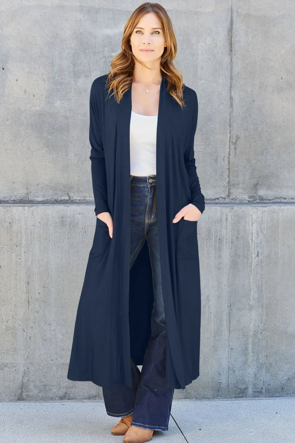 Basic Bae Full Size Open Front Long Sleeve Cover Up Dark Blue
