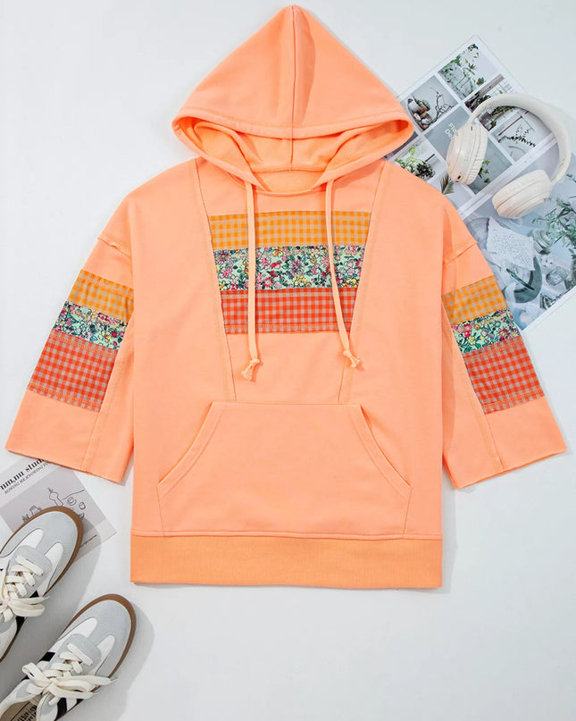 Plaid Floral Patchwork Kangaroo Pocket Hoodie