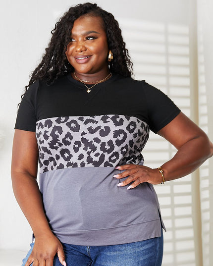 Double Take Leopard Print Color Block Short Sleeve T-Shirt Black